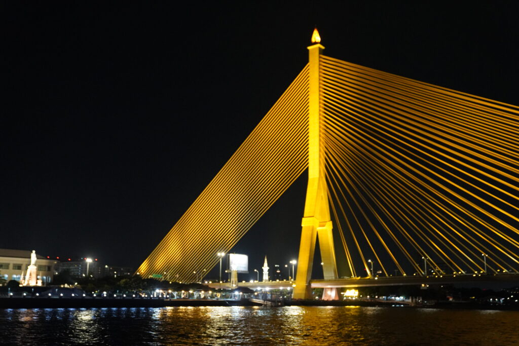 Rama VIII Bridge night view from the Wonderful Pearl cruise
