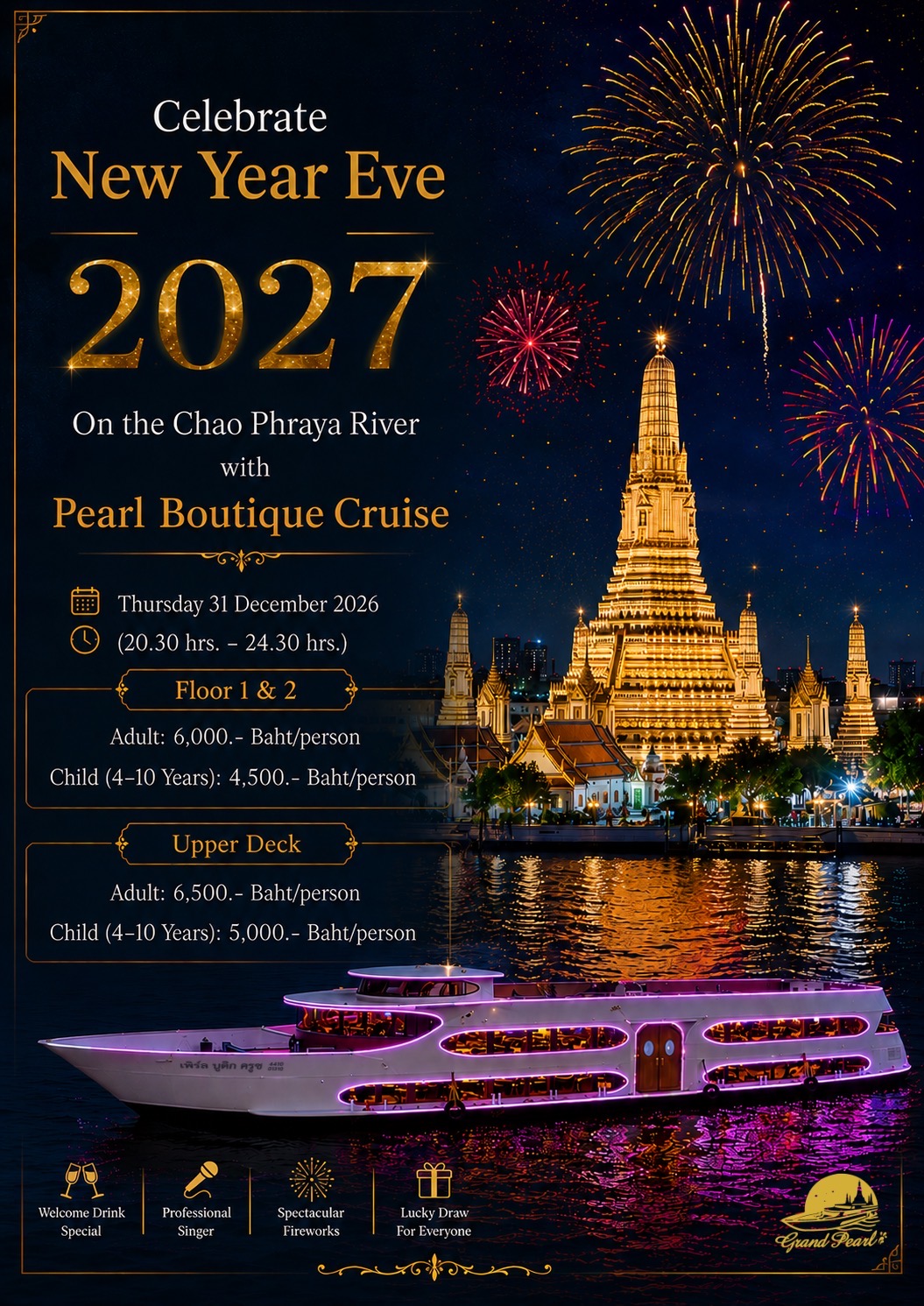Celebrate New Year Eve 2027 with Pearl Boutique Cruise on the Chao Phraya River